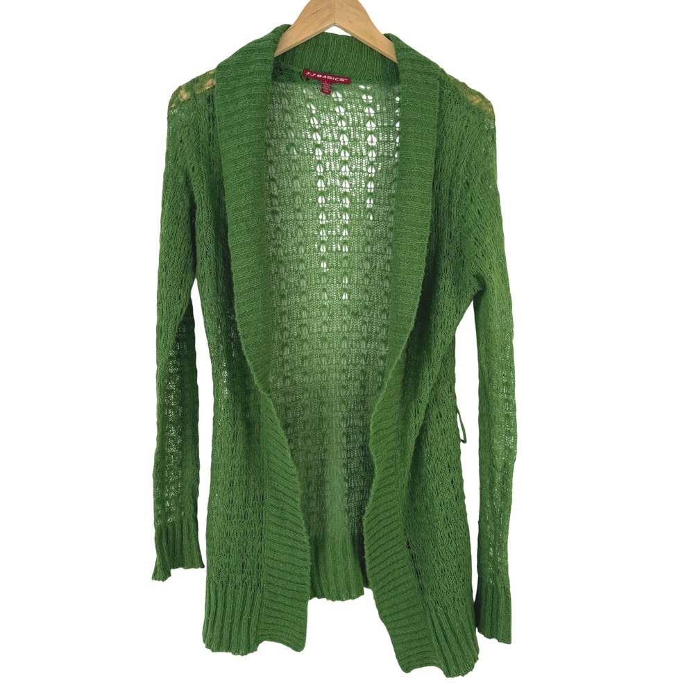 JJ Basics Green Mohair Blend Open Knit Cardigan Sweater Womens L Shawl Collar‎